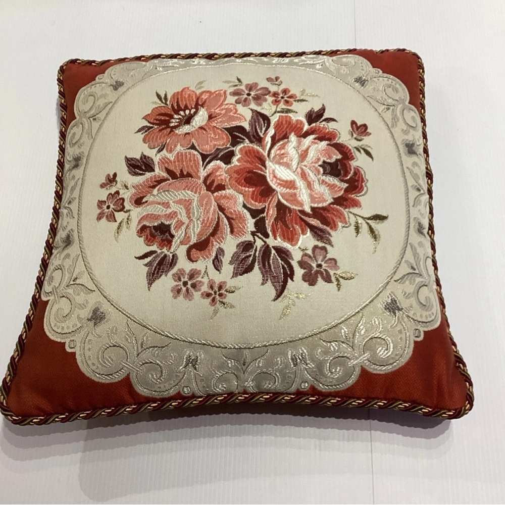 Vintage Embroidered Red Floral Botanical Throw Pillow 17” x 17” Boho